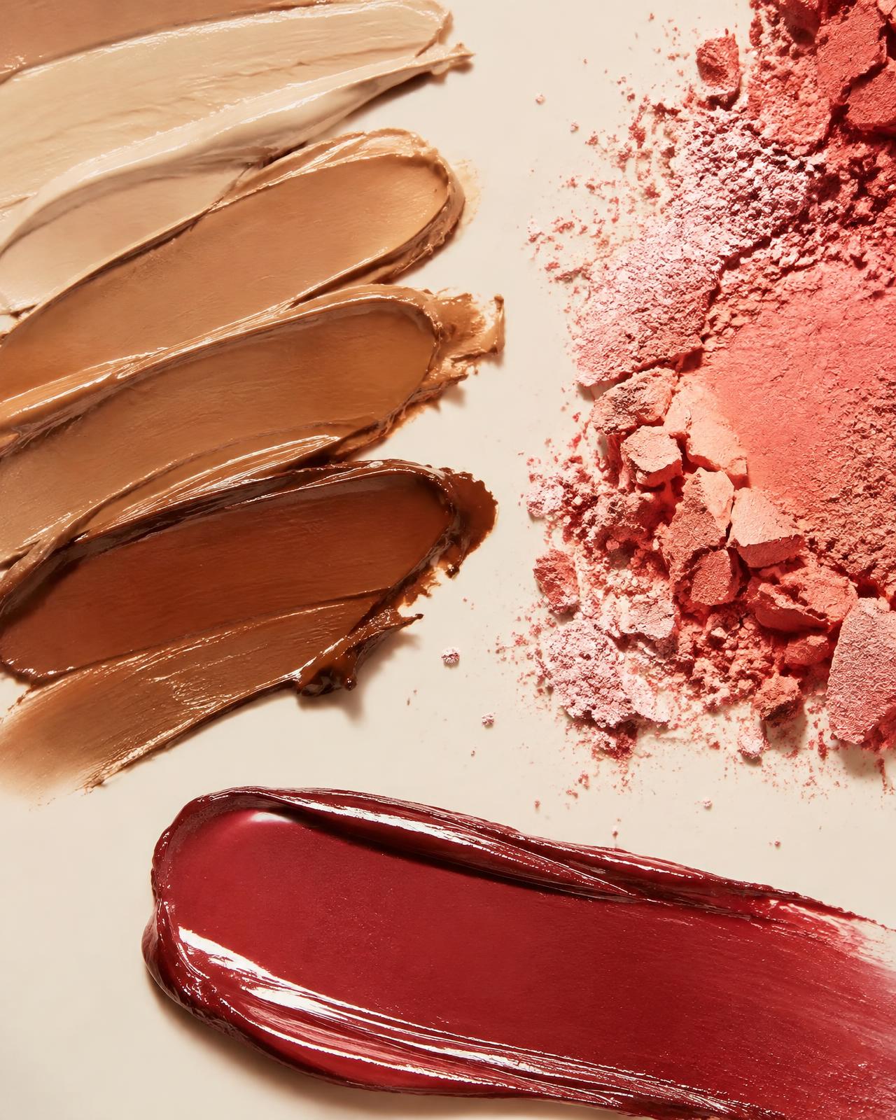 Foundation shade swatches, crushed blush powder and a glossy lip texture