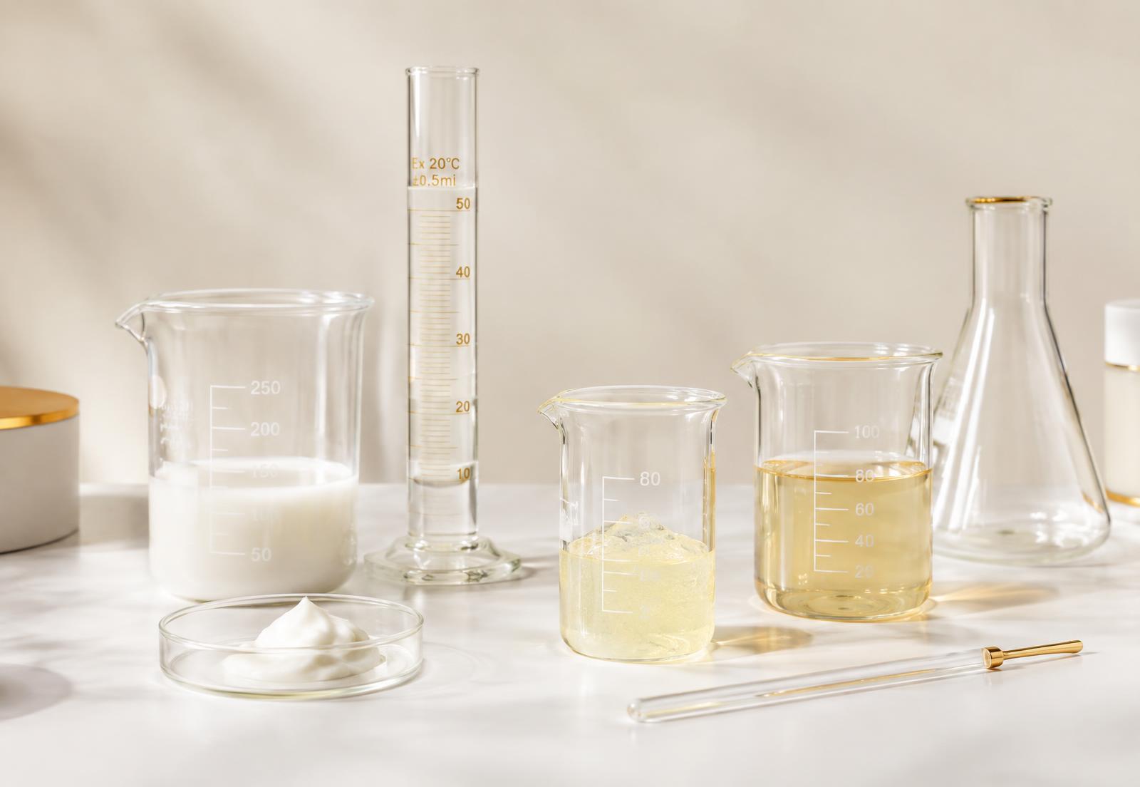 Laboratory glassware with cream and gel samples on a white bench